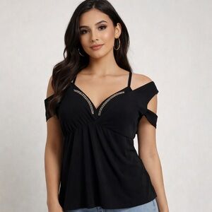 Vintage Y2K Black Babydoll Top ✧ Rhinestone V-Neck M/L